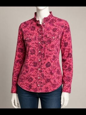 Pink Floral Ruffle Collar w/Pearl Snap Front Western Top